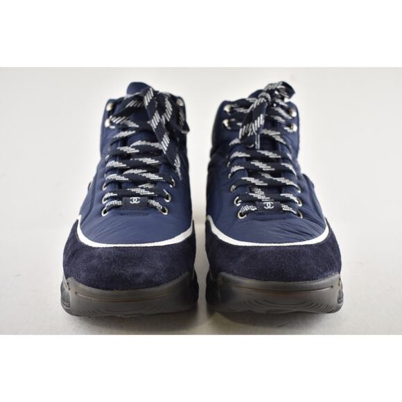 Chanel 19B Blue Quilted Platform CC Logo High Top Trainer Sneaker Boot 44 11 - Picture 7 of 12